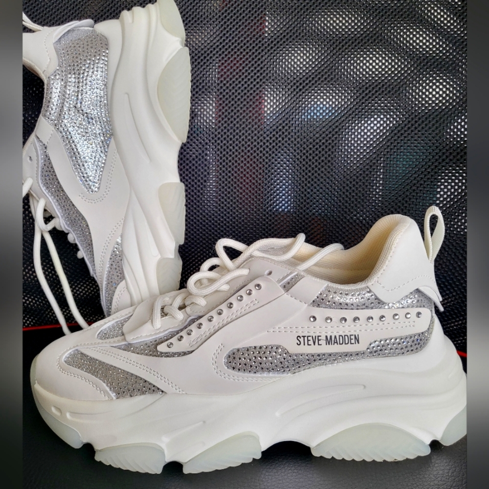 Steve Madden white rhinestone silver sparkle sneakers